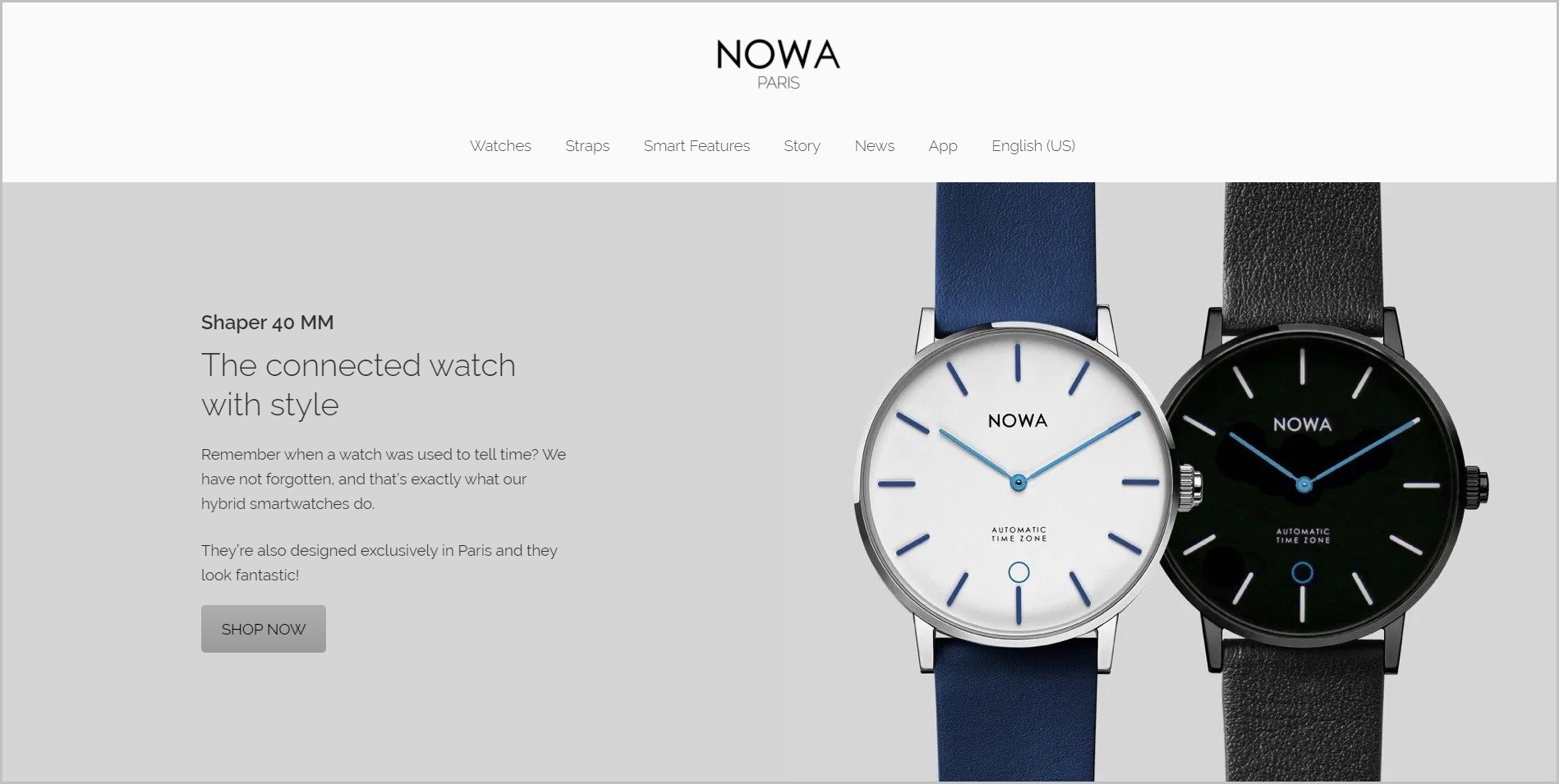 screenshot of NOWA Watch homepage, with white header bearing the website's name and main navigation menu, it showcases an image of a couple of watches