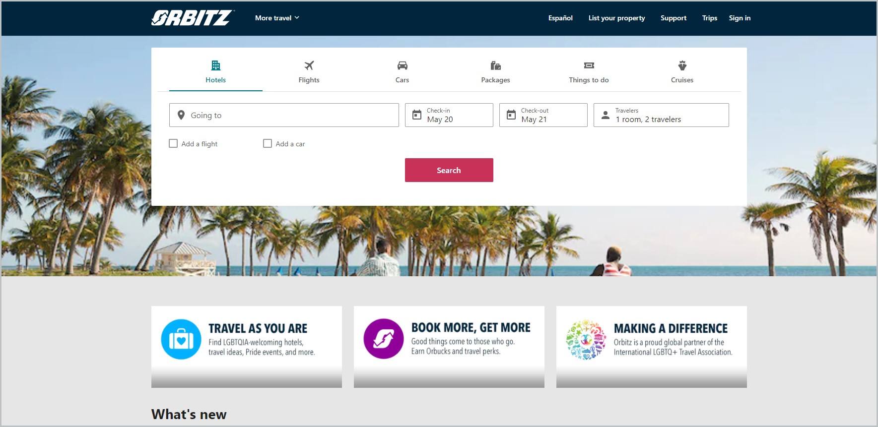 screenshot of Orbitz homepage with black header with the website's name and main navigation menu