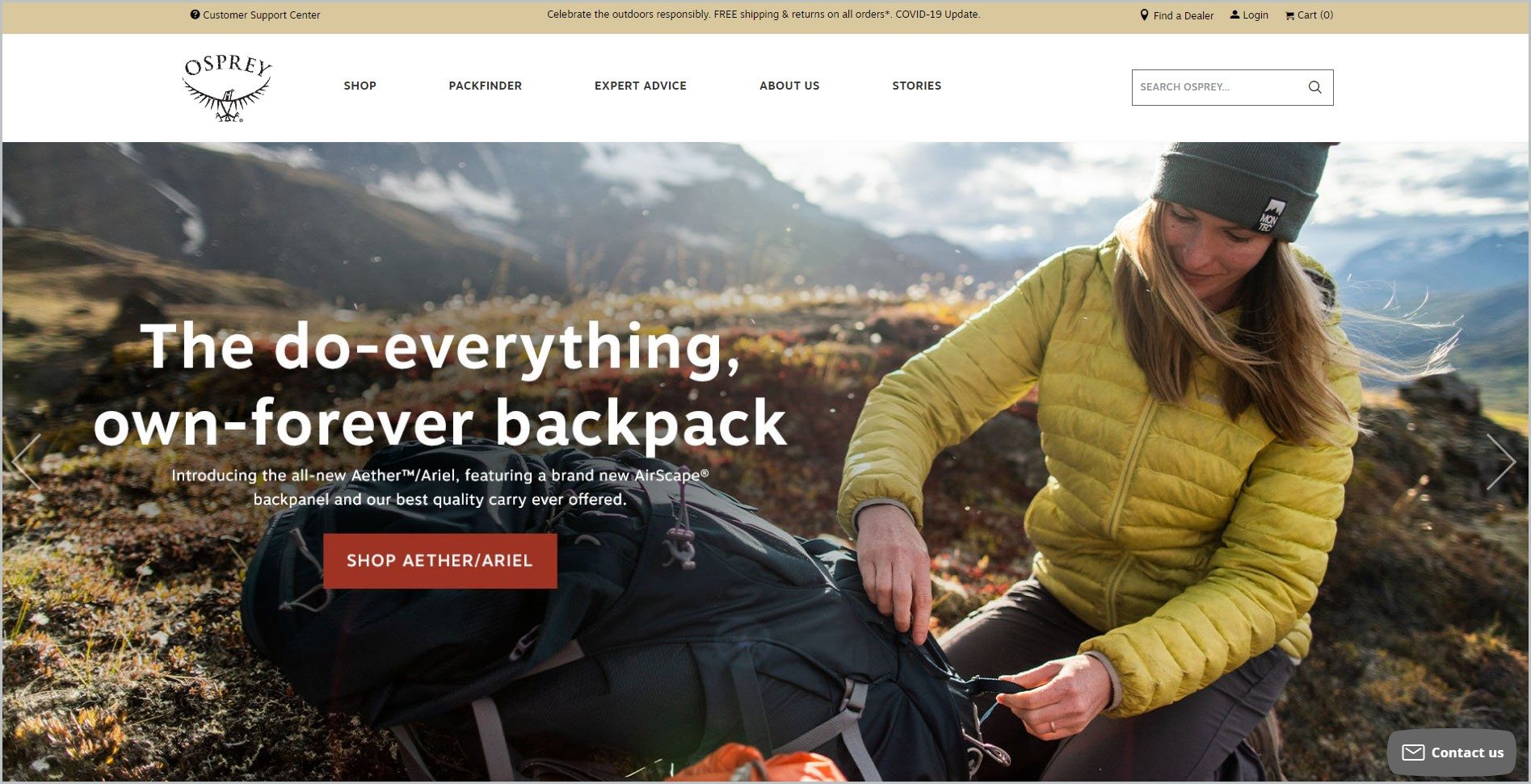 screenshot of Osprey homepage, with pale mustard-colored announcement bar, white header with the website's name and main navigation menu, and showcasing an image of a woman outdoors fixing her backpack with text overlay