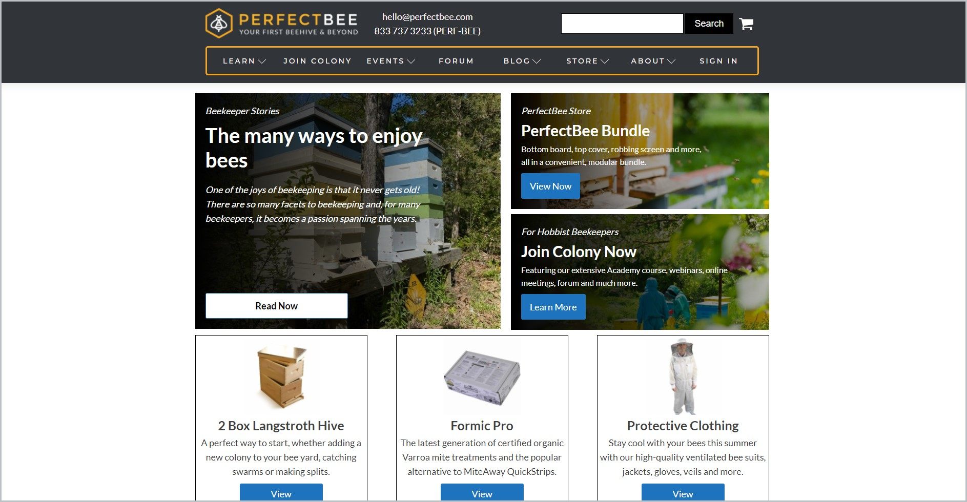 screenshot of PerfectBee homepage, with black header with the website's name and main search bar, underneath is the black main navigation bar with yellow outline, it showcases images of some of the website's store products