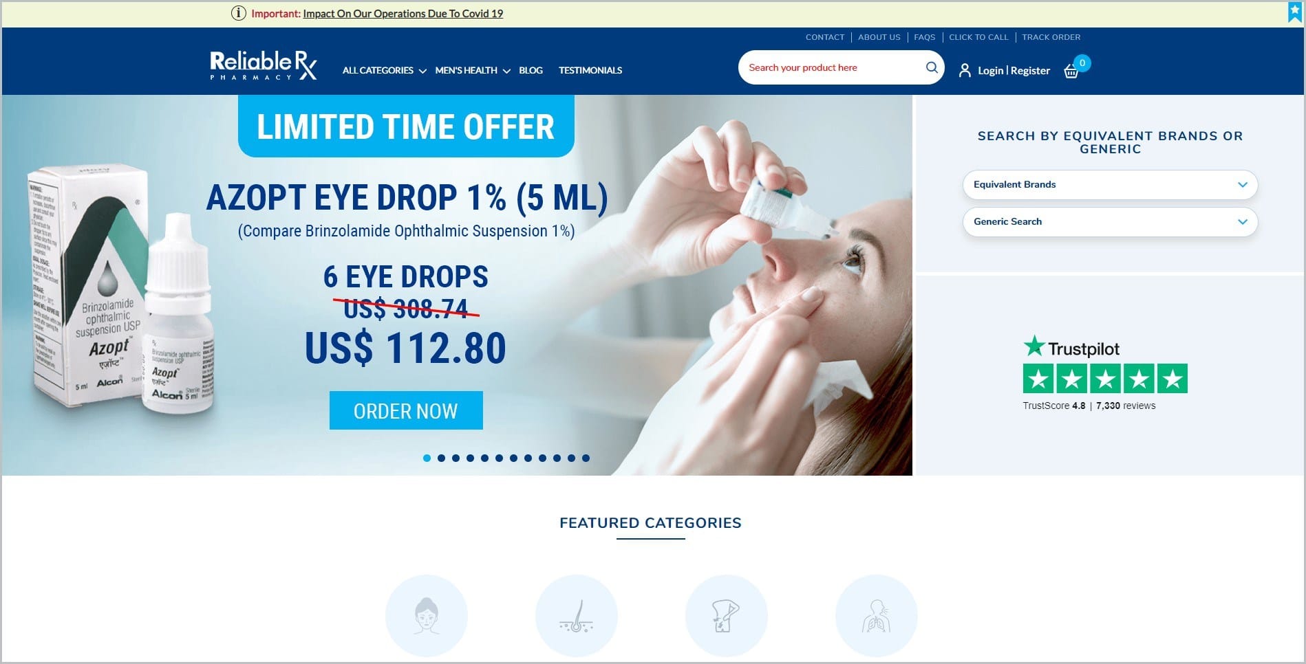 screenshot of ReliableRxPharmacy homepage with cream-colored announcement bar, with dark blue header with the website's name and main navigation menu with the search bar, it showcases a closeup image of a woman putting an eyedrop medication in her eye