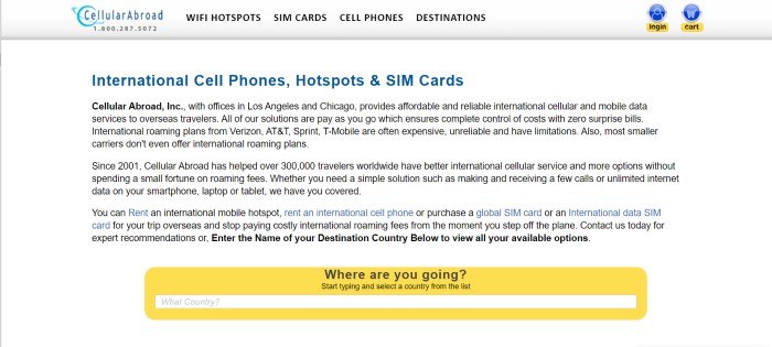 This screenshot of the home page for Cellular Abroad has a gray navigation bar above a white text section with lettering in blue and black describing international cell phones, hotspots, and SIM cards, as well as a yellow search bar asking where the customer will be traveling.