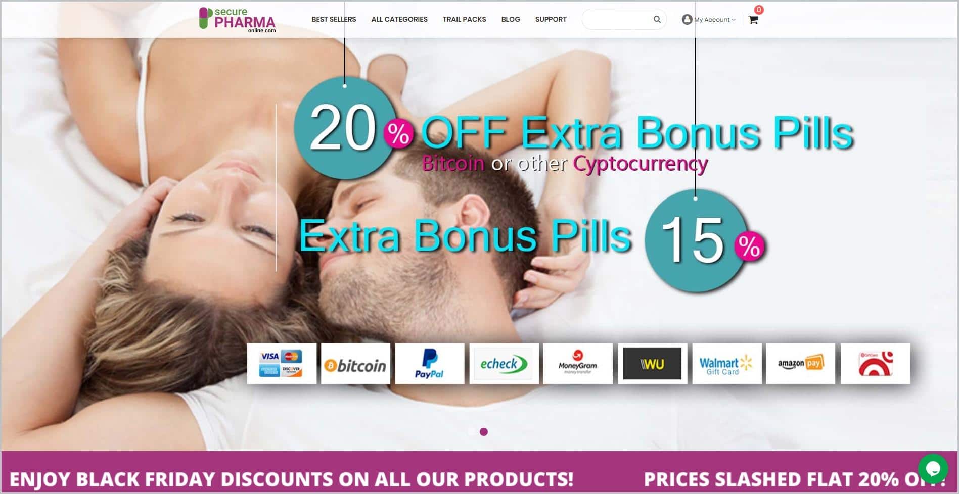 screenshot of SecurePharamonline homepage with white header with the website's name with main navigation bar, it showcases a top view image of a man and woman lying down