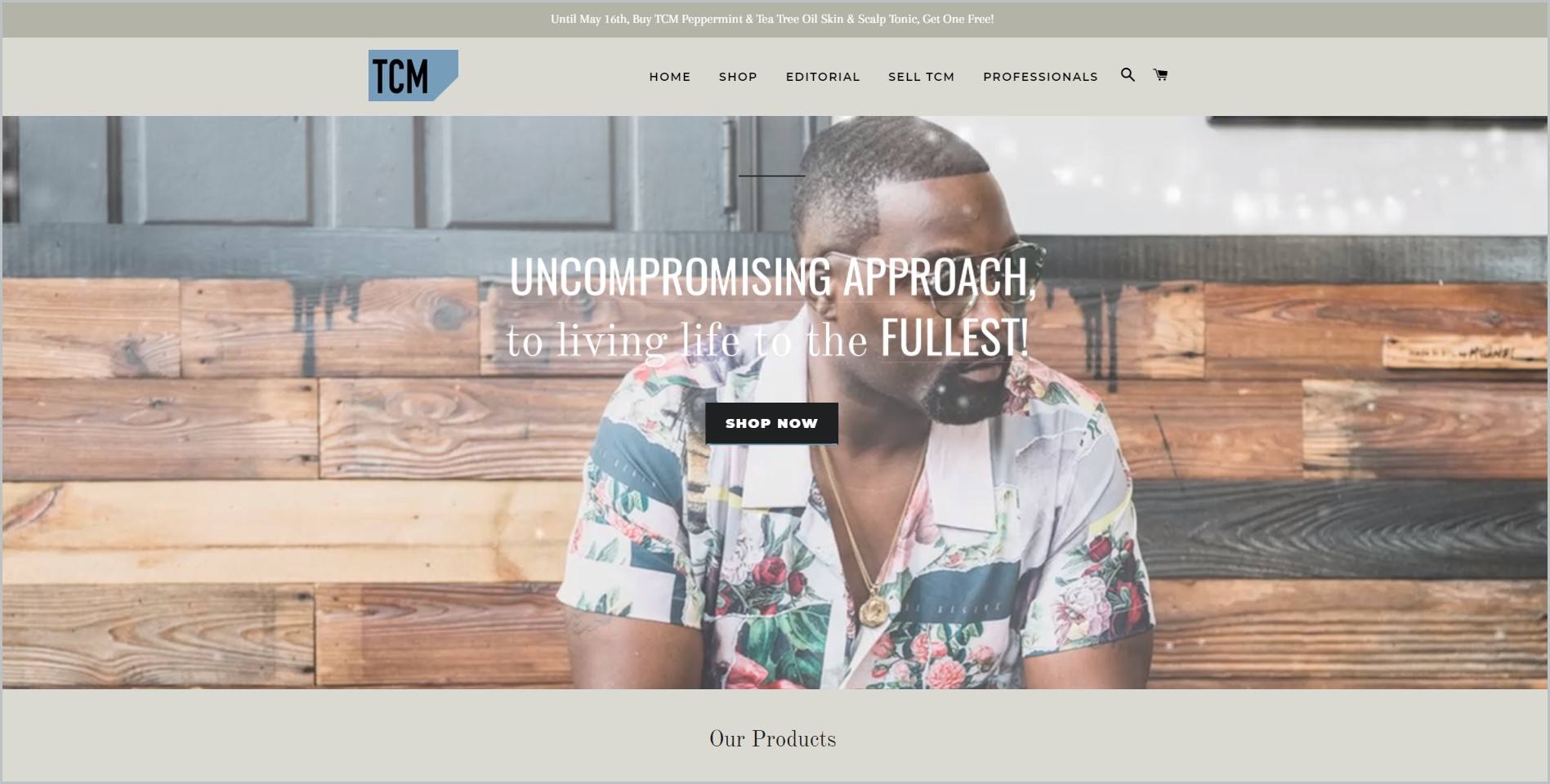 screenshot of TCM Lifestyle homepage showcasing an image of a freshly groomed black man in printed polo shirt