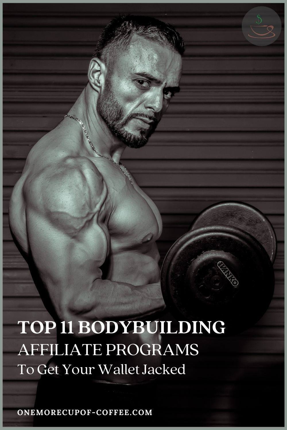 topless bearded man, flexing his muscles while weightlifting; with text overlay "Top 11 Bodybuilding Affiliate Programs To Get Your Wallet Jacked"