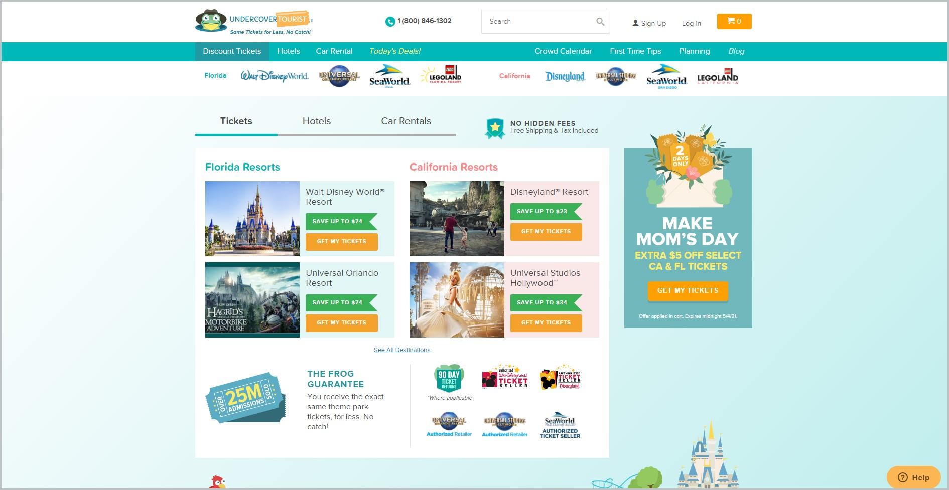 screenshot of Undercover Tourist homepage, with white header with the website's name and other company information, underneath is a blue-green main navigation bar