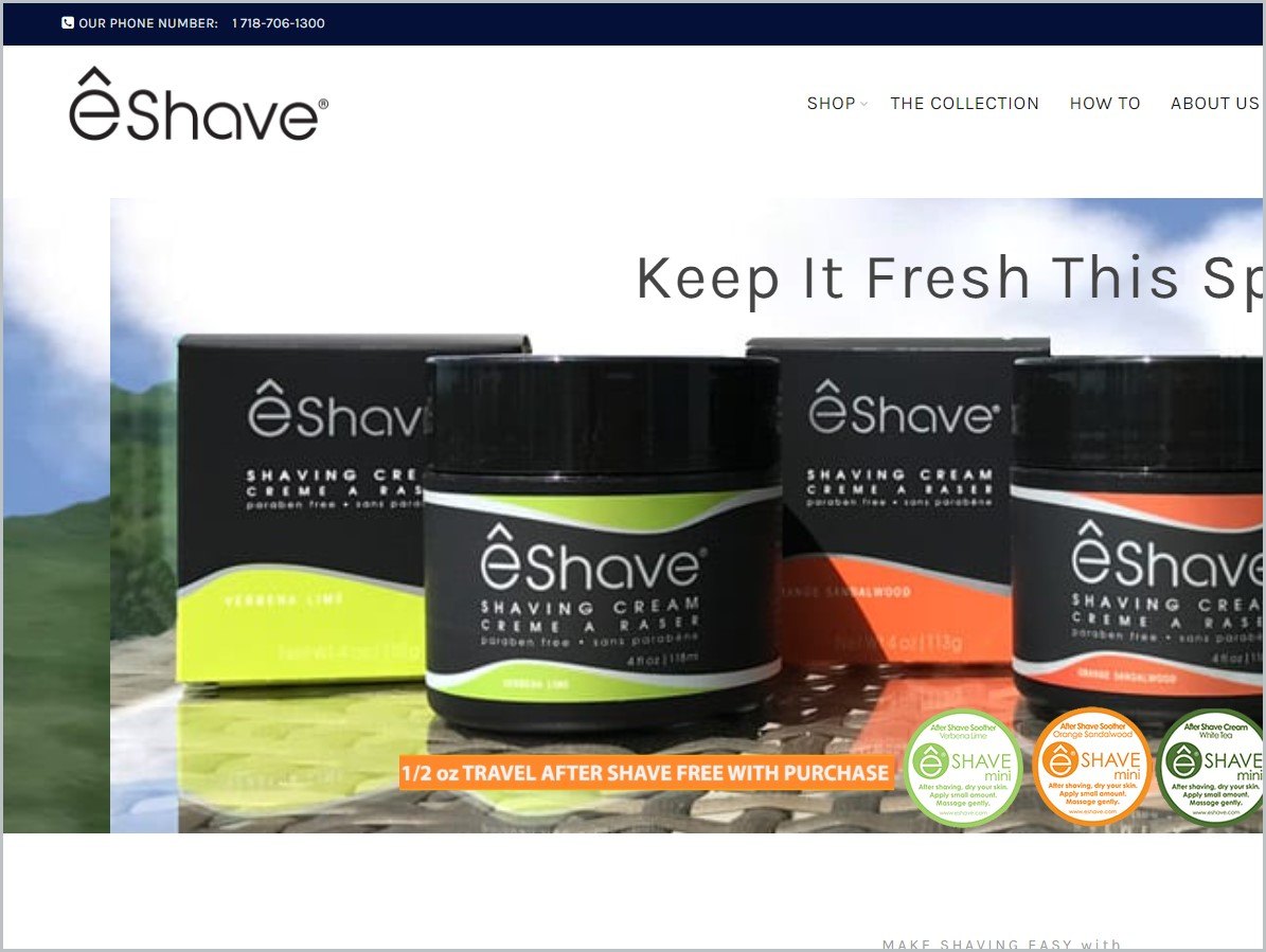 screenshot of eShave homepage, with black announcement bar, white header bearing the website's name and main navigation menu, it showcases an image of some of the brand's products