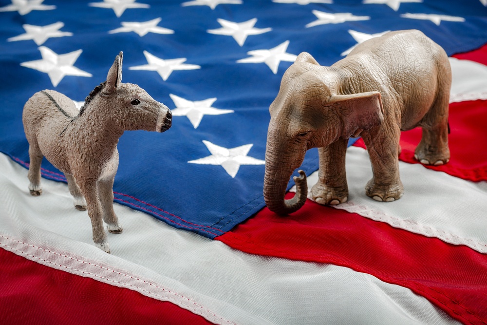 republicans vs democrats elephant vs donkey on american flag