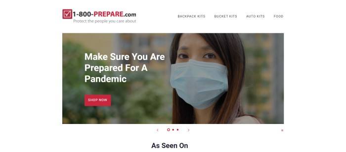 This screenshot of the home page for 1800Prepare.com has a white background, a red and black logo, and a white navigation bar above a photo of a woman with dark hair and eyes in a blue medical mask, along with white text inviting customers to make sure they're prepared for a pandemic.