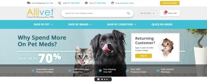 This screenshot of the home page for Allivet has a white header, a gray search bar, and a blue navigation bar with white text above a blue main section with a photo of a dog and a cat sitting next to each other with their tongues out, along with a text box and sign-in button for returning customers and an announcement for the opportunity to save up to 70% on pet medications.