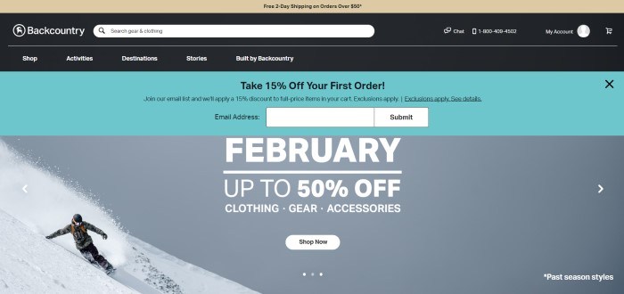 This screenshot of the home page for Back Country has a tan header announcing free shipping, a black search bar and navigation bar, an aqua section with black text inviting visitors to take 15% off their order, and a large photo of a snowboarder coming down a mountainside, along with white text announcing a February sale.