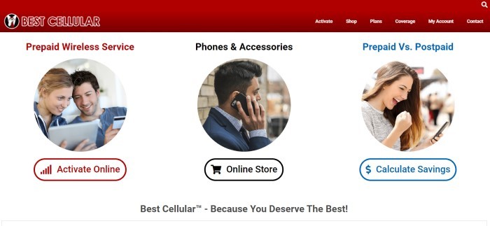 This screenshot of the home page for Best Cellular has a red navigation bar above a white section with three circular photos of smiling people on cell phones and tablets, along with text in red, black, and blue for each respective photo announcing prepaid wireless service, phones and accessories, and prepaid vs postpaid plans.