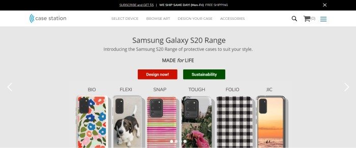 This screenshot of the home page for Case Station has a black header, a white navigation bar, and a gray section showing several multicolored cell phone cases, along with black text announcing Samsung Galaxy cases and two call-to-action buttons: one in red, and one in dark green.