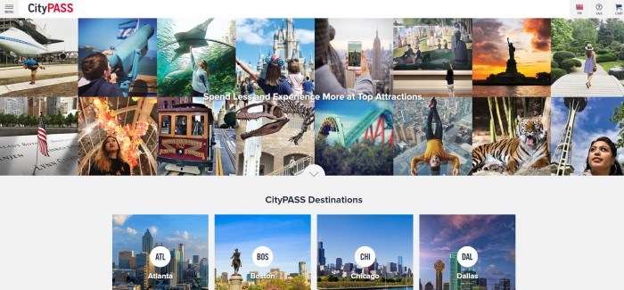 This screenshot of the home page for CityPASS has two rows of photos showing different North American attractions, including Disneyland and the Statue of Liberty, above a gray section with the words 