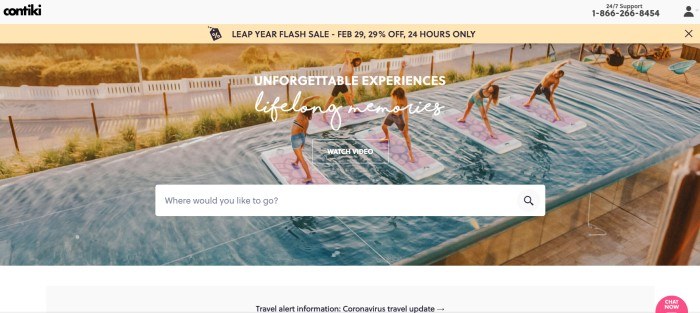 This screenshot of the home page for Contiki has a gray and yellow header with a flash sale announcement above an overhead photo of Millennials doing yoga on waterboards in a pool at sunset, behind a white search bar.