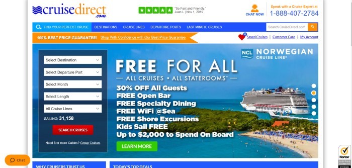 This screenshot of the home page for Cruise Direct has a white header with orange and blue elements, a blue navigation bar, an orange price guarantee bar, and a large photo showing a cruise ship near a beach in a tropical setting, along with white words describing cruise features and a search box on the left side of the page finding cruises by destination, departure port, month, length, or cruise line, along with a red call to action button.