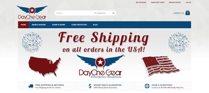 This screenshot of the home page for Day One Gear has a gray background with blue and burgundy elements throughout the page, including a blue and burgundy navigation bar above the main section which announces free shipping on all orders in the United States, as well as a 100% money back guarantee.