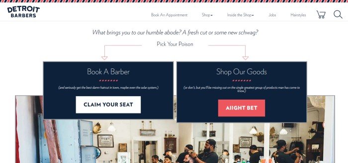 This screenshot of the home page for Detroit Barbers has a red and black header above a white navigation bar and white main section with a photo of the inside of the barber shop, with three men in the seats and three men standing behind them, cutting hair, all behind two black text boxes with call to action buttons inviting men to book an appointment or shop for Detroit Barbers products.