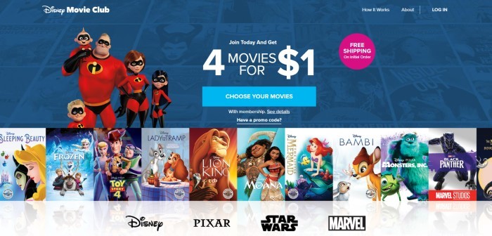 This screenshot of the home page of Disney Movie Club has a dark blue background with white text announcing four movies for alt=