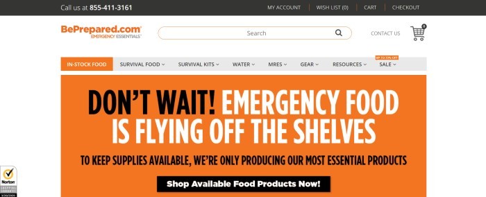 This screenshot of the home page for Emergency Essentials has a black header above a white search bar and a gray navigation bar, both with orange elements, and an orange main section with text in black and white urging customers not to wait to get emergency food because it is flying off the shelves.