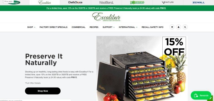 This screenshot of the home page for Excalibur Dehydrator has a navigation bar for brands the store carries above a green free book announcement, which is above a white navigation bar and a photo of a dehydrator filled with fruit slices, next to black text describing how dehydrators can naturally preserve foods.