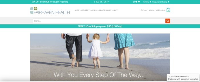 This screenshot of the home page for Fairhaven Health has an aqua header announcing a 10% off sale, a white navigation bar, another aqua bar announcing two-day shipping and a large photo showing a man and a woman from the waist down, walking barefoot along a beach as they hold hands with the blond girl in a white dress who is walking between them.