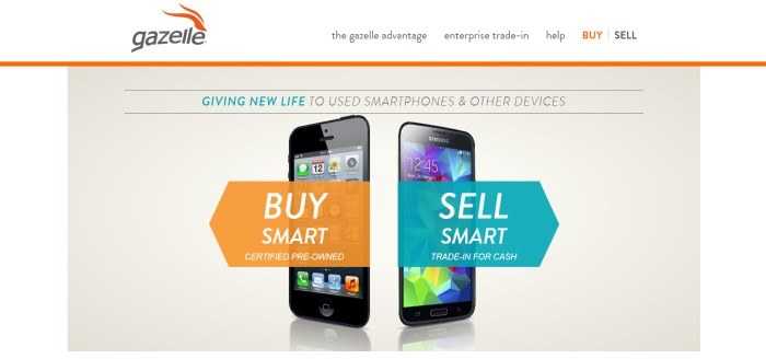 This screenshot of the home page for Gazelle has a white navigation bar with dark gray and orange elements above a beige main sections showing two smart phones, one with an orange tag inviting people to buy certified pre-owned phones, and one with a teal tag inviting people to trade in their used cell phones for new ones. 