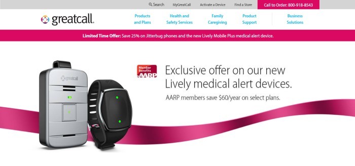 This screenshot of the home page for Great Call has a gray header, a white navigation bar with blue text, a pink sales bar, and a white section with photos of Lively medical alert devices, along with a pink graphic ribbon and black text announcing the Lively devices. 