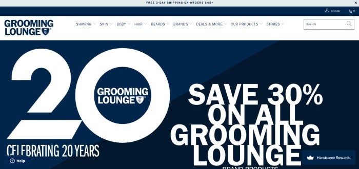 This screenshot of the home page for Grooming Lounge has a blue and gray header offering free two-day shipping, a white navigation bar, and a large blue and black section with white text announcing a 30% off sale.