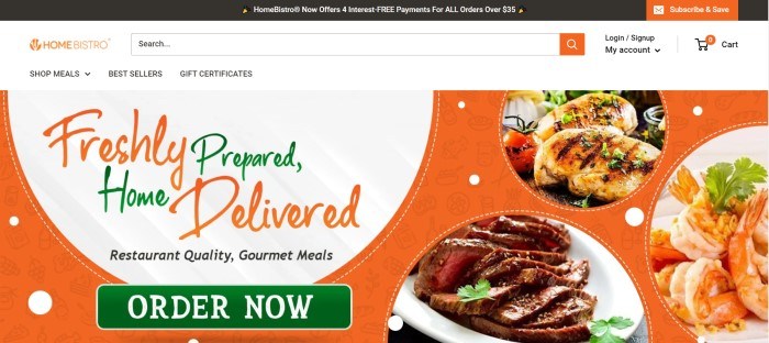 This screenshot of the home page for Home Bistro has a black header, a white search bar and navigation bar, and a middle section with an orange and white background that includes photos of nice-looking meals, along with a green call to action button and orange and green text that reads 'Freshly prepared, home delivered.'