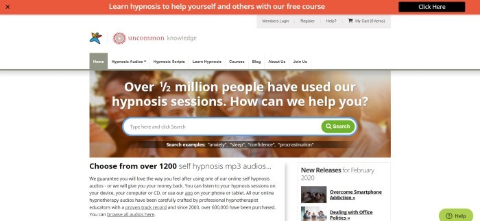 This screenshot of the home page for Hypnosis Downloads has an orange header, a white navigation bar, and a photo of a group of smiling people behind a search bar and white text announcing that half a million people have used the hypnosis sessions offered here, above black text sharing more information about the hypnosis tracks.