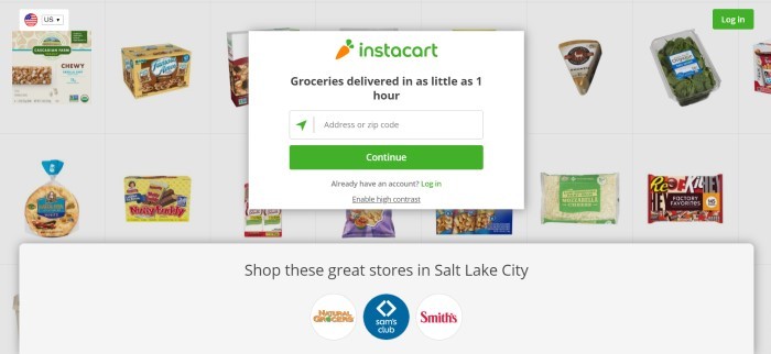 This screenshot of the home page for Instacart has a light gray background containing squares with small photos of grocery products in each one, along with a search bar with black text announcing the ability to get groceries in as little as an hour.