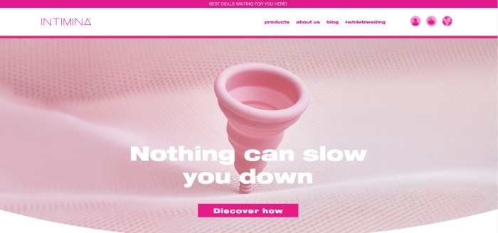 This screenshot of the home page for Intima has a hot pink header, a white navigation bar with hot pink lettering, and a large photo of a pale pink menstrual cup over a pale pink piece of fabric, along with white text reading 