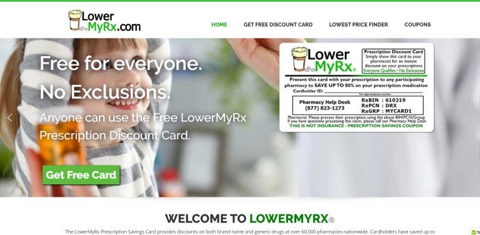 This screenshot of the home page for LowerMyRx has a white navigation bar above a photo of a young smiling girl in what appears to be a doctor's office, along with an image of a discount prescription card. 