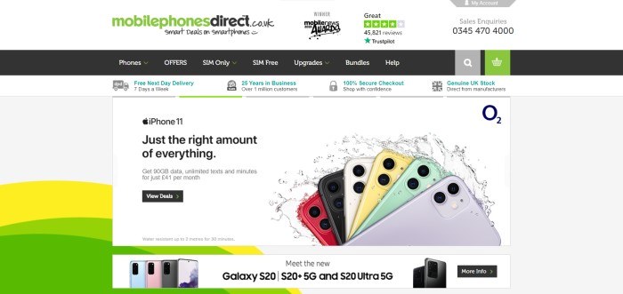 This screenshot of the home page for Mobile Phones Direct has a white header with green and black elements, a black navigation bar, and a main section with a white and grapy background, black text announcing the iPhone 11, and a photo of cell phones in red, black, white, yellow, green, and gray arranged in a fan shape, splashing through water, as well as a curvy background image in yellow and two shades of green.