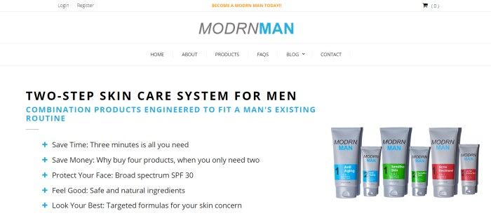 This screenshot of the home page for Modrn Man has a white header, white navigation bar, and white background in the main section, along with text in gray, blue, and black describing the two-step skin care systems for men and a row of skin-care products in gray bottles with blue and green labels. 