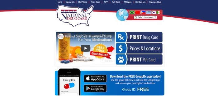 This screenshot of the home page for National Drug Card has a blue and red navigation bar and log above a white main section with blue windows containing photos of prescription medications and cell phones, along with text in white lettering inviting customers to use the drug cards and to download the free GroupRx app to start saving money.