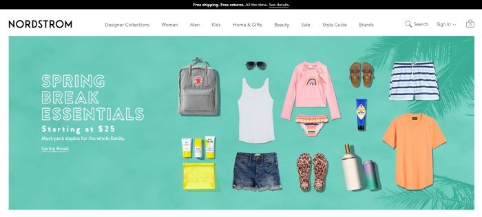 This screenshot of the home page for Nordstrom has a black header, a white navigation bar, and a photo of several Nordstrom items, such as sandals, sunglasses, shorts, a tank top, and a backpack lying against a green background, along with white wording announcing spring break essentials. 