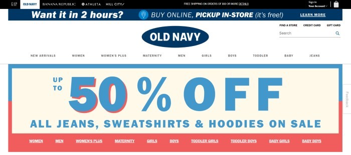 This screenshot of the home page for Old Navy has a blue and black header, a white navigation bar with the Old Navy logo in the center, and a large 50%-off sales announcement in blue, beige, and red.