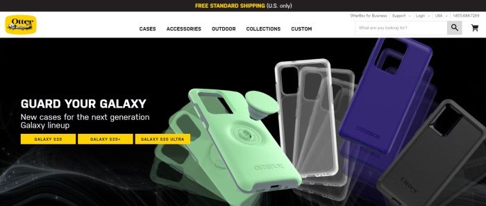 This screenshot of the home page for Otterbox has a black header with yellow lettering announcing free shipping, a white navigation bar, and a black section showing green, transparent, and blue phone cases, along with white text inviting people to protect their phones and a row of small yellow boxes with links for looking up the proper cases for various Samsung Galaxy phones.