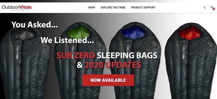 This screenshot of the home page for Outdoor Vitals has a white navigation bar above an overhead photo showing a row of subzero sleeping bags, along with white and red text announcing the sleeping bags and a red call-to-action button.