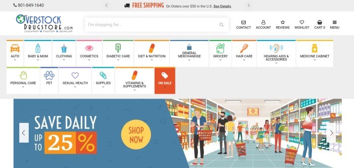 This screenshot of the home page for Overstock Drugstore has a gray header, a white primary navigation bar, and a large secondary navigation bar that includes white background tabs with text and icons in bright colors such as orange, pink, blue, purple, and green, as well as a graphic showing people shopping in a grocery store next to a blue section with white and yellow words inviting customers to save up to 25%.