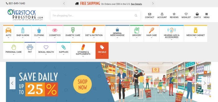 This screenshot of the home page for Overstock Drugstore has a gray header, a white search bar, and a white navigation bar with colorful icons and words for the searchable categories, above a colorful graphic showing people shopping in a drugstore, along with a blue section announcing a 25%-off sale.