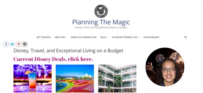 This screenshot of the home page for Planning The Magic has a white background, a gray logo, and text in black, purple, and maroon describing how to experience Disney adventures while on a budget, along with photos of Disney attractions and a round photo of the face of a smiling dark-haired woman with glasses.