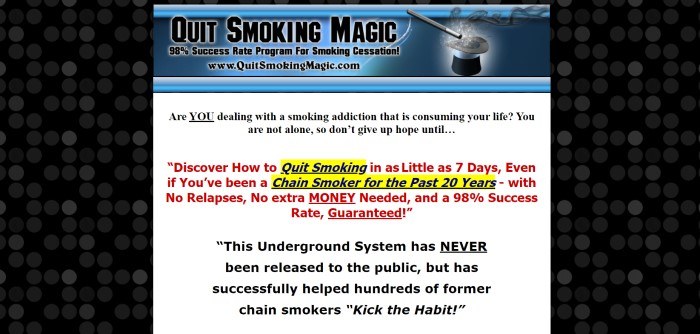 This screenshot of the home page for Quit Smoking magic has a black background with gray circles, a blue header with black text, and a white main section with text in red and black and some yellow highlighting describing the Quit Smoking Magic program.