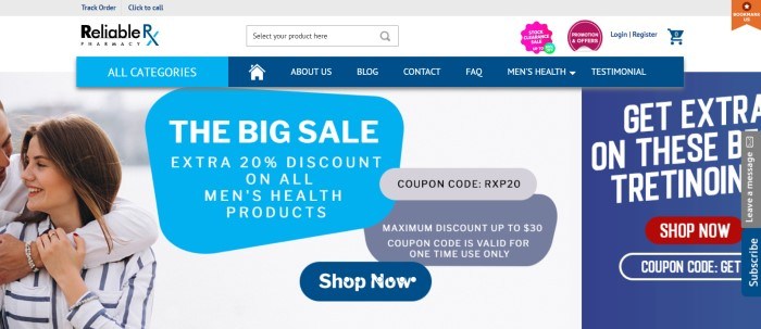 This screenshot of the home page for ReliableRxPharmacy has a white and gray header, a blue navigation bar with white lettering, and a photo of a man and woman hugging and smiling at each other next to a large advertisement in shades of blues and grays with white text announcing a sale on men's health products.