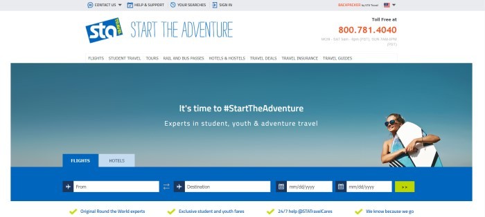 This screenshot of the home page for STA Travel has a gray header, a white navigation bar, and a photo of a blue sky with a smiling woman in sunglasses holding a surf board in the lower right corner, behind white text inviting visitors to start their adventure, and above a blue search bar for finding flights and hotels.