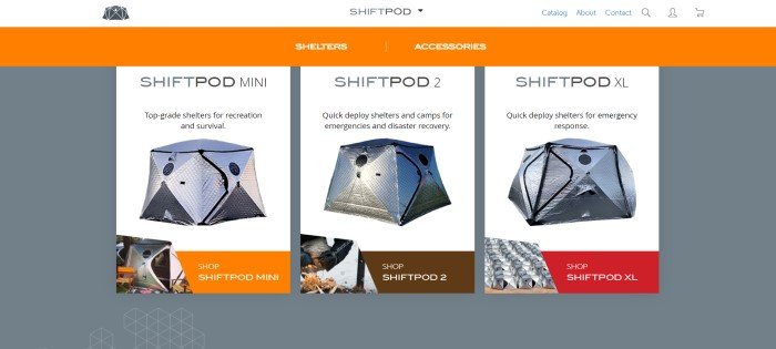 This screenshot of the home page for ShiftPod has a white header with a primary navigation bar, an orange bar with categories for shelters and accessories, and a dark gray section with a row of photos showing three types of emergency shelters, each with a link for shopping for that shelter.