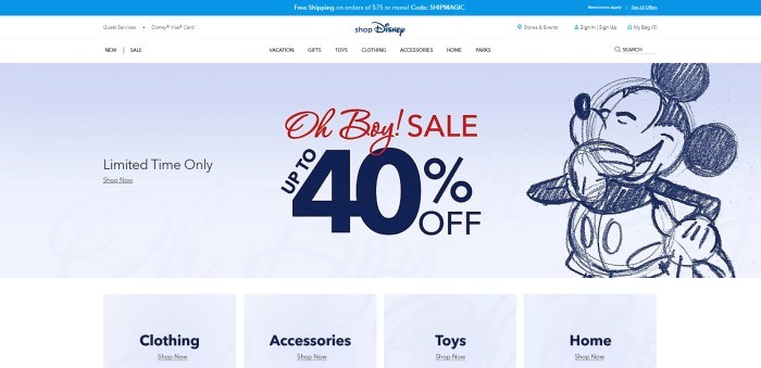 This screenshot of the home page for Shop Disney has a blue header announcing free shipping, a white navigation bar, and a gray section with a sketch of Mickey Mouse next to text in red and dark blue announcing a 40% off sale, above a white section with a row of gray windows with text and links for clothing, accessories, toys, and home.