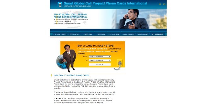 This screenshot of the home page for Smart Global Call has a white background with a detailed midsection that includes a blue header, a photo of a man in glasses talking on his cell phone in a city, next to an announcement for prepaid phone cards, above a blue navigation bar and an orange search section with a smiling man in a brown suit overlaying an image of the world and text in blue and black describing the cards.